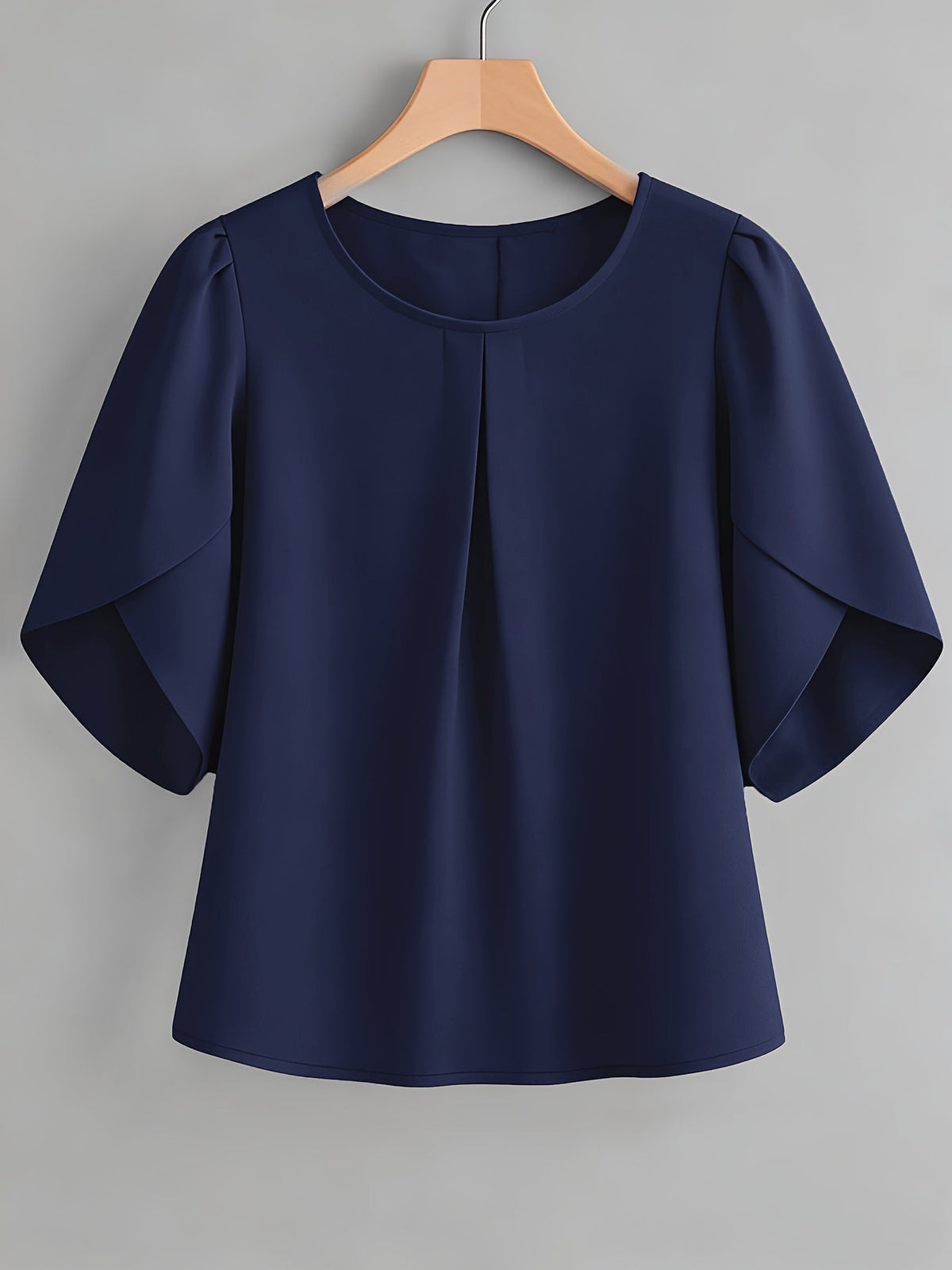 Chemisier femme à manches courtes, col rond, poignets à volants et plis sur la poitrine – Haut élégant en tissu 100 % polyester, semi-transparent, avec manches fendues