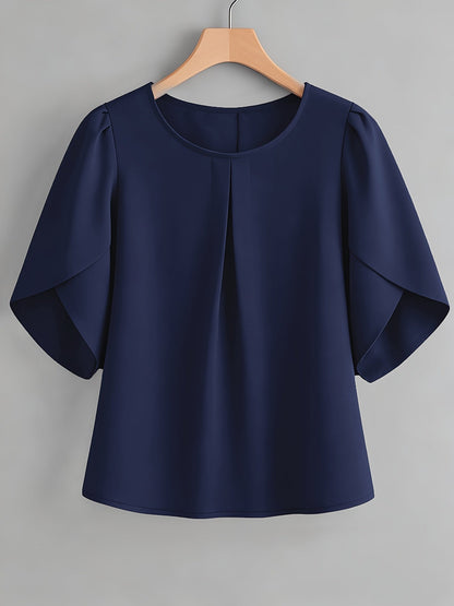 Chemisier femme à manches courtes, col rond, poignets à volants et plis sur la poitrine – Haut élégant en tissu 100 % polyester, semi-transparent, avec manches fendues