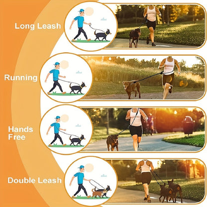 Laisse double pour 2 chiens – Laisse multifonctionnelle en corde ronde mains libres pour chiens de petite, moyenne et grande taille – Laisse de couplage pour l'entraînement, la course et la promenade de deux chiens en même temps
