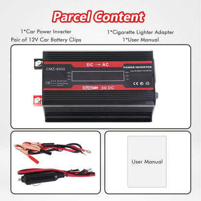 Onduleur de voiture 4000W CC 12V vers CA 110V avec écran LCD, ventilateur de refroidissement et protection contre les surcharges - Convertisseur portable de 800W nominal pour voyages en voiture, camping, activités en extérieur et kits d'urgence