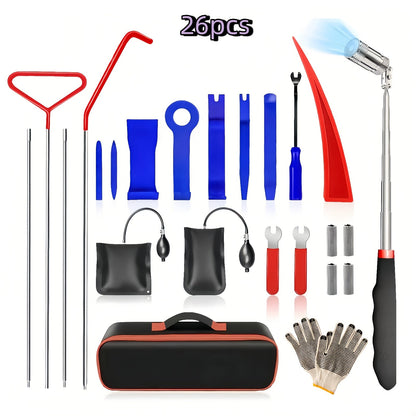 Kit d'outils de déverrouillage de voiture à 26 pièces avec coussin gonflable - Ensemble d'ouverture d'urgence pour portes et fenêtres avec pince à longue portée pour clés enfermées dans le véhicule, outil de dépannage pour voitures, camions et SUV