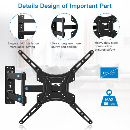 Support mural articulé pour téléviseur de 26 à 60 pouces jusqu'à 35 kg, pivotant, inclinable et extensible, support TV en acier inoxydable, VESA max 400x400 mm, compatible avec la plupart des téléviseurs à écran plat et incurvé