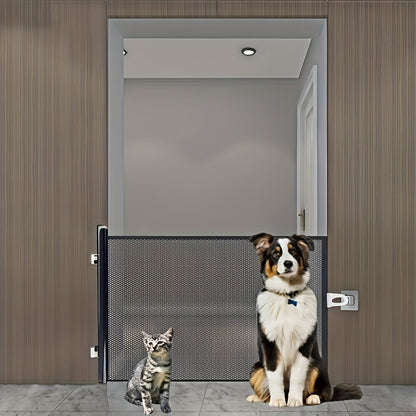 Retractable Mesh Pet Gate for Dogs and Cats - No Drill Easy Install Safety Gate for Stairs Doors Rooms, Indoor Outdoor Dog Gate Stair Guard for Home Office Hallway