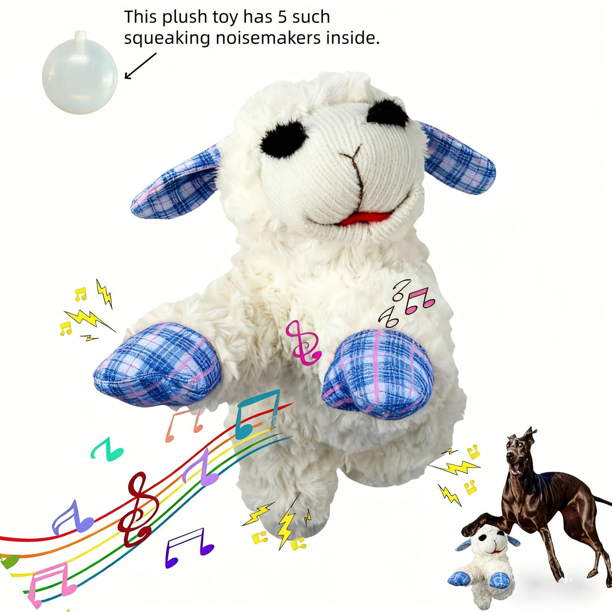 Jouet en peluche grinçant pour chien avec 5 couineurs intégrés – Peluche apaisante pour petits et moyens chiens, motif à carreaux bleu et rouge, jouet à mâcher anti-anxiété sans pile ni électricité pour races calmes