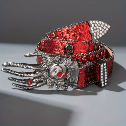 Ceinture punk unisexe à tête de mort – Similicuir orné de strass avec boucle tête de mort en alliage de zinc, accessoire de mode audacieux pour Halloween, les fêtes et le quotidien, 5 couleurs disponibles