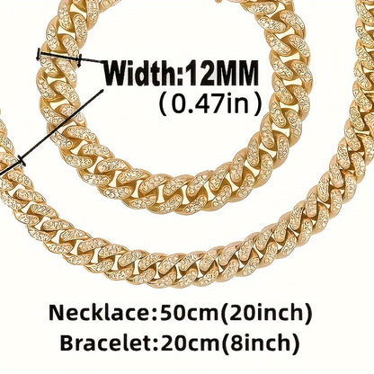 Ensemble de 5 pièces de luxe pour montre et bijoux – Pour hommes et femmes – Montre à quartz, collier à maillons cubains, bracelet, bague et pendentif croix, cadeau de Noël idéal, en or et argent
