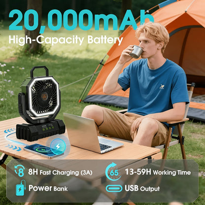 Ventilateur de camping 20000mAh avec télécommande, éclairage LED, oscillation, 4 vitesses, minuterie et batterie externe - Ventilateur de tente rechargeable pour le camping, le pique-nique, le barbecue et la pêche en plein air