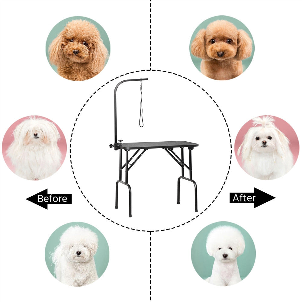 Table de toilettage pliable pour chiens et chats , bras réglable en hauteur avec surface antidérapante et imperméable et pieds pliants, station de beauté pour animaux portable pour la maison et les professionnels