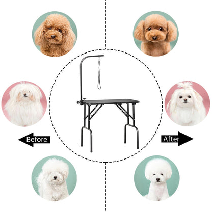 Table de toilettage pliable pour chiens et chats , bras réglable en hauteur avec surface antidérapante et imperméable et pieds pliants, station de beauté pour animaux portable pour la maison et les professionnels