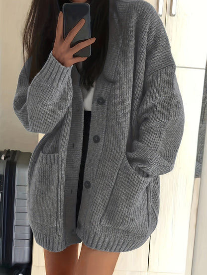 Gilet cardigan oversize en maille côtelée à col en V et boutons pour femme, idéal pour l'automne et l'hiver, confortable et décontracté.