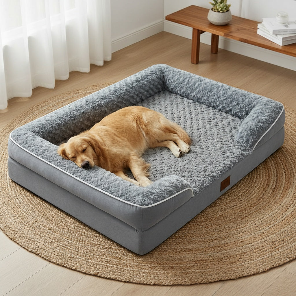 Lit orthopédique pour chien extra large lavable – Canapé en mousse à mémoire de forme en forme de C avec housse amovible, fond antidérapant et rebord de soutien pour chiens de grande et très grande taille, gris