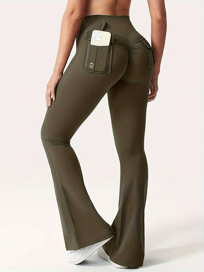 Ensemble 3 pièces pour femme : pantalon de yoga évasé à taille haute avec ceinture et poches, legging galbant effet push-up, squat-proof, 90 % polyester extensible, coupe évasée pour le sport, la gym, la course et le quotidien