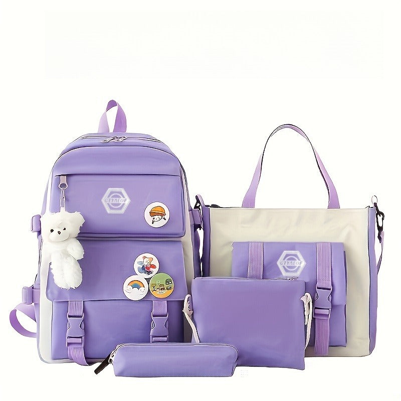 Ensemble de sac à dos scolaire pour fille 5 pièces, sac léger et mignon avec fourre-tout, trousse et porte-monnaie - Sac à dos étudiant durable pour l'école, la randonnée et un usage quotidien