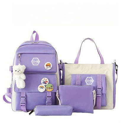 Ensemble de sac à dos scolaire pour fille 5 pièces, sac léger et mignon avec fourre-tout, trousse et porte-monnaie - Sac à dos étudiant durable pour l'école, la randonnée et un usage quotidien