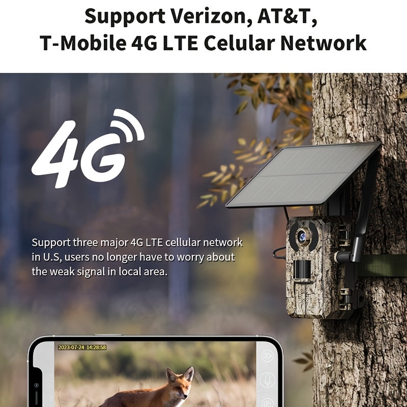 Caméra de chasse 4G sans Wi-Fi 2K 1440P à énergie solaire – Carte SIM intégrée, vision nocturne 23 m, déclenchement 0,2 s, batterie 7800 mAh, caméra de surveillance et de chasse extérieure sans fil pour zones isolées