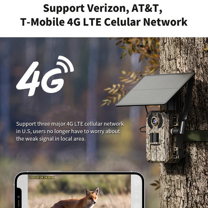 Caméra de chasse 4G sans Wi-Fi 2K 1440P à énergie solaire – Carte SIM intégrée, vision nocturne 23 m, déclenchement 0,2 s, batterie 7800 mAh, caméra de surveillance et de chasse extérieure sans fil pour zones isolées