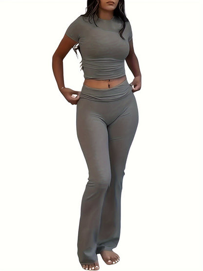 Ensemble deux pièces pour femme - T-shirt ajusté à manches courtes et col rond & pantalon moulant à pattes d'eph, tenue décontractée unie pour le quotidien, tailles XS-XL