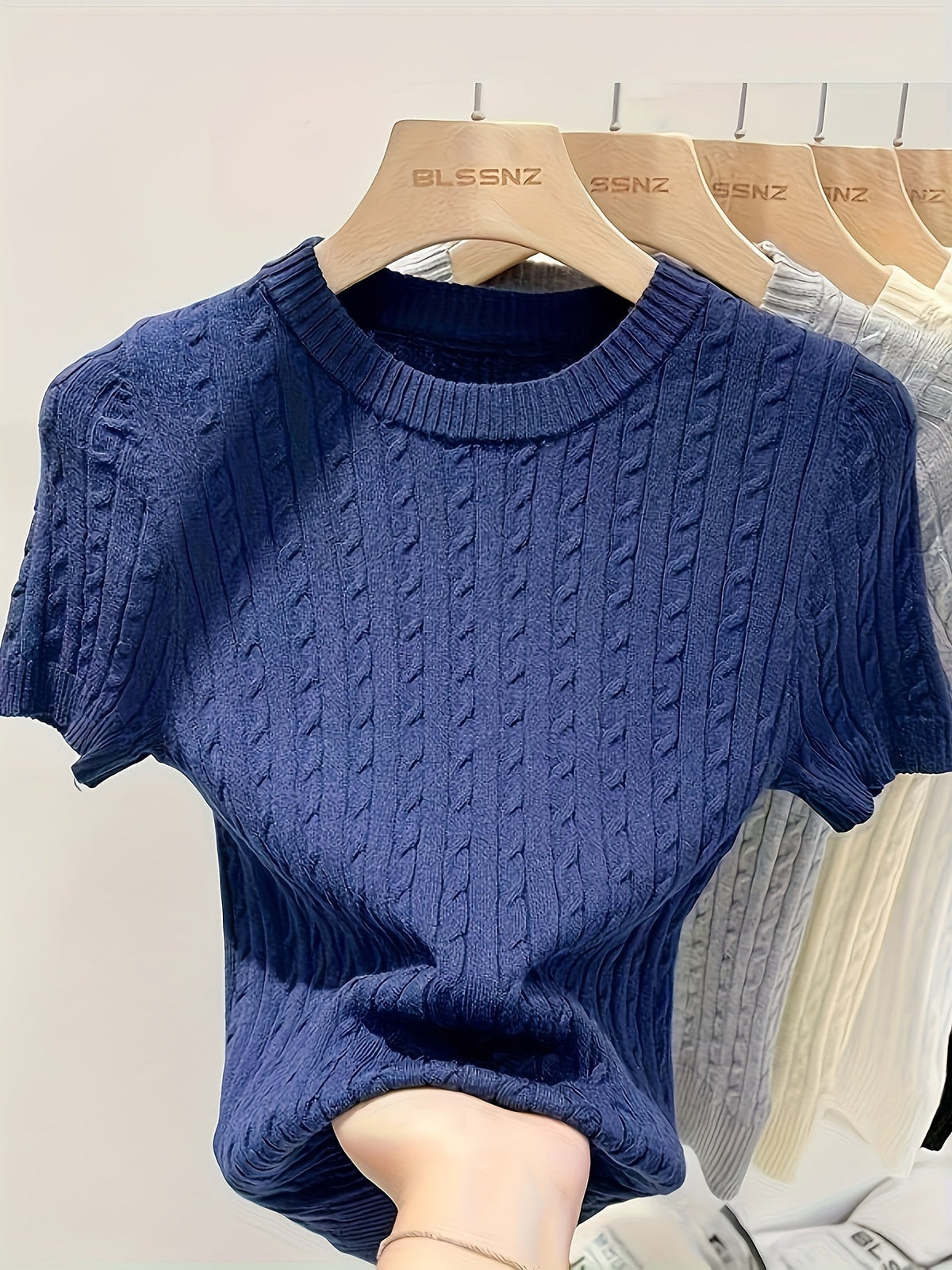 Pull femme en jacquard à manches courtes, chic, tricot torsadé, col rond, ourlet et poignets côtelés, léger, viscose, printemps-été, décontracté, S M L XL XXL