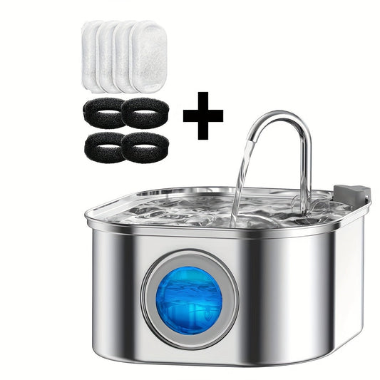 Fontaine à eau pour animaux en acier inoxydable 3,2 L - Distributeur d'eau automatique silencieux USB pour chats et chiens avec 4 cartouches filtrantes et indicateur de niveau d'eau - Fontaine de grande capacité pour chats et petits chiens