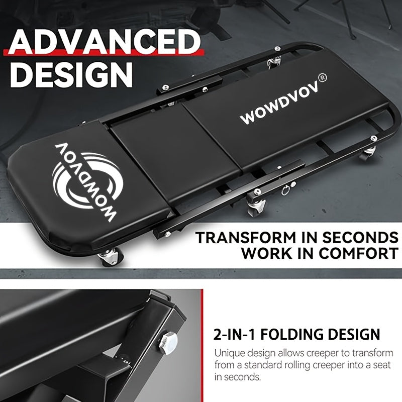 Siège de mécanicien et banc de réparation automobile 3-en-1 – Tabouret d'atelier pliable en Z, capacité de 227 kg, 6 roulettes, positions réglables pour s'allonger, s'asseoir et s'appuyer pour la réparation automobile et l'atelier