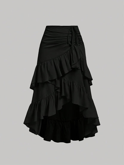 Women's Asymmetrical Pleated Hem Multi-Layer Midi Skirt – Flowy Chiffon-Style 100% Polyester Spring Fall Fashion Tiered Ruffle Swing Skirt
