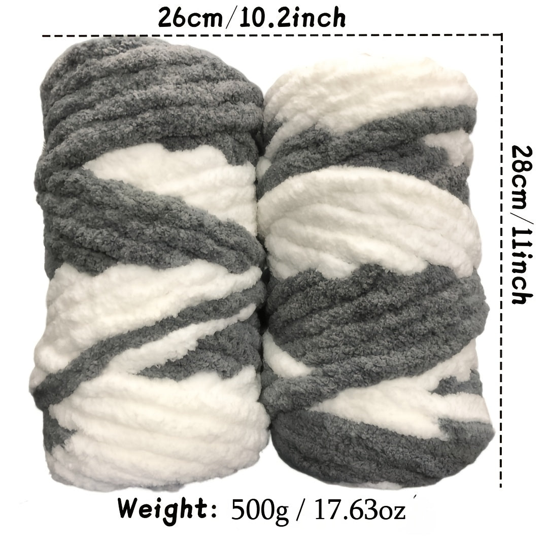 Fil chenille épais, 2 écheveaux de 500 g, laine pour tricot et crochet, rayé multicolore, polyester doux, extra épais, pelucheux, cadeau DIY pour femmes et hommes