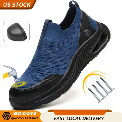 Chaussures de sécurité pour hommes à embout en acier, légères et à enfiler, baskets de sécurité résistantes à la perforation, mocassins antidérapants, noir gris bleu, tailles US 5,5-14