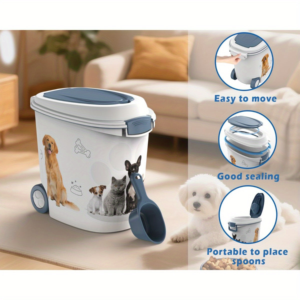 Grand ensemble de 3 récipients de stockage pour nourriture pour animaux avec gamelle anti-glouton et cuillère doseuse – Bac de conservation hermétique, anti-humidité et anti-insectes pour croquettes pour chiens et chats, favorise la digestion