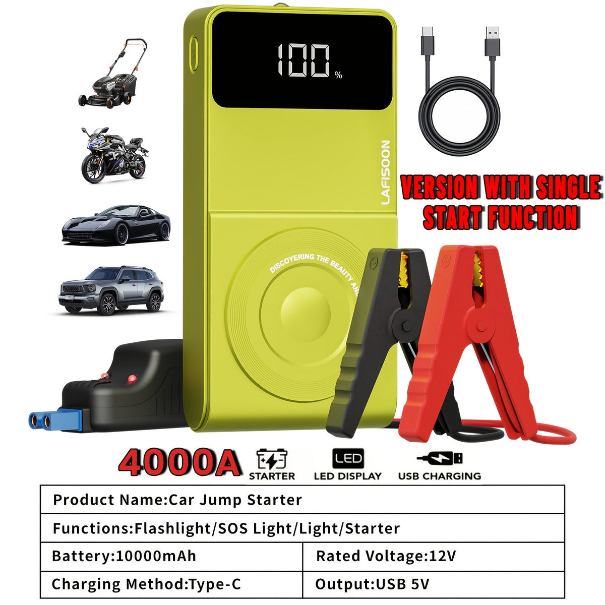 Démarreur de voiture portable 12V avec compresseur d'air en option - Booster de batterie d'urgence pour moteurs essence et diesel, compatible avec berlines, SUV, camions et tondeuses à gazon