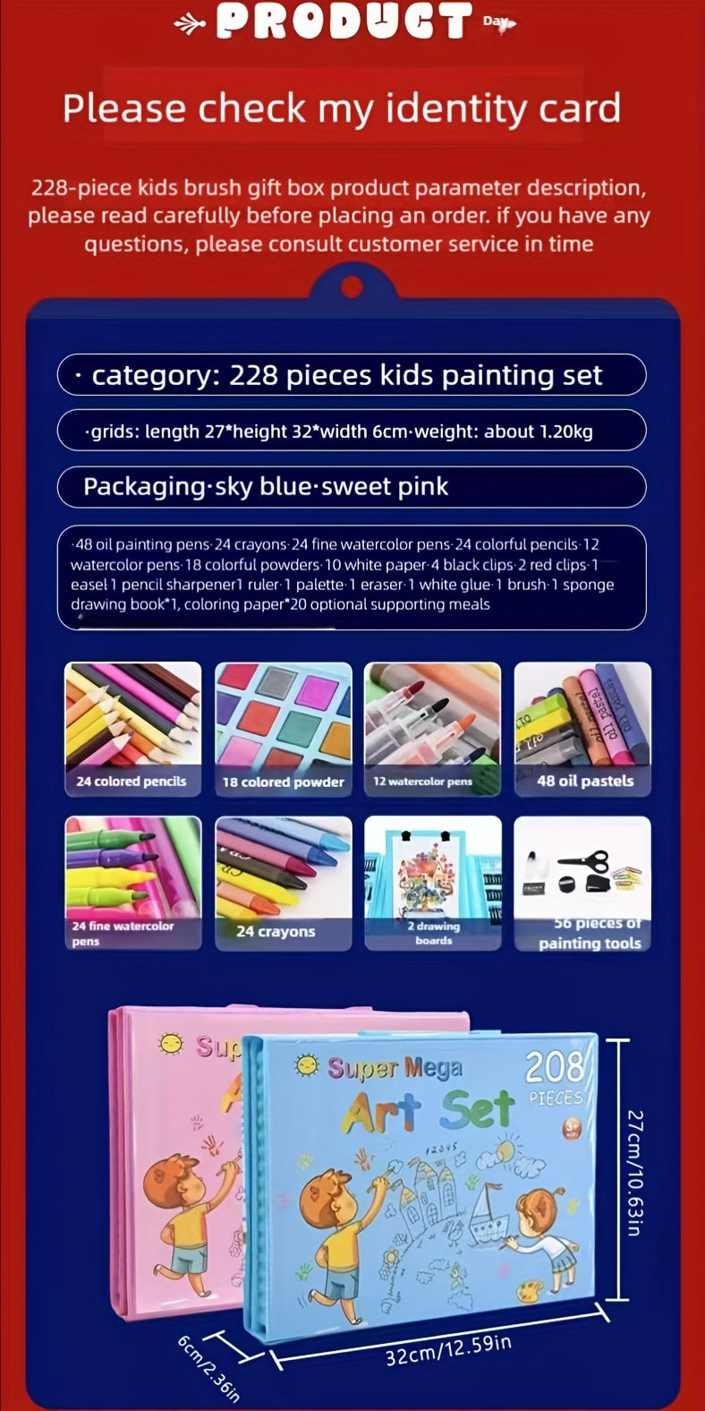 Kit de dessin et peinture pour enfants de 228 pièces avec chevalet, kit complet pour débutants de 3 à 12 ans, inclut carnet de croquis, livre de coloriage, marqueurs acryliques, feutres aquarellables, pastels à l'huile, crayons de couleur et gomme