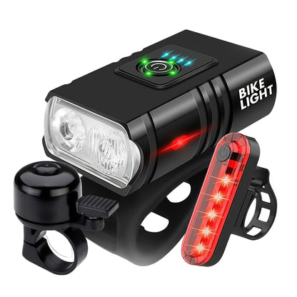 Ensemble d'éclairage de vélo rechargeable par USB ultra-lumineux – Phare avant LED 1200 mAh et feu arrière 330 mAh, 6+4 modes, faisceau large 180°, sonnette de sécurité incluse, pour vélo de route, VTT et cyclisme de nuit