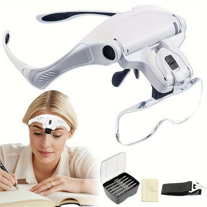Loupe frontale avec éclairage LED, 5 lentilles interchangeables de 1,0X à 3,5X, casque grossissant à bandeau réglable pour la bijouterie, la réparation électronique, le modélisme, la lecture et les travaux de précision