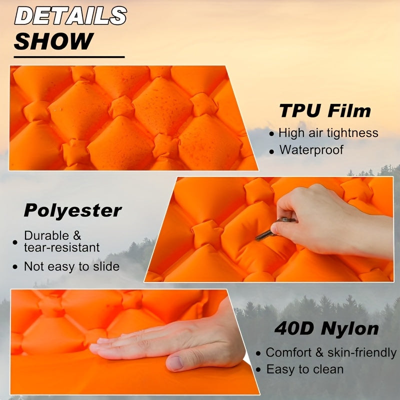 Matelas de couchage autogonflant ultraléger en nylon TPU, pompe intégrée, options une ou deux places, matelas de camping compact et portable pour le camping, la randonnée, le sac à dos, les voyages et les pique-niques, orange et bleu