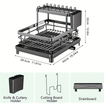 Égouttoir à vaisselle à 2 niveaux pour comptoir de cuisine avec plateau d'égouttage, tapis de drainage, porte-couteaux, porte-fourchettes, porte-gobelets, organisateur d'ustensiles, accessoire de cuisine, cadeau pour femme pour la fête des mères