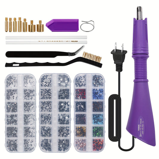 Kit applicateur de strass thermocollants, ensemble complet pour embellissement avec baguette, 7 embouts, cristaux multicolores, pince, crayons de cire et sac de rangement - Outil de bricolage pour vêtements, tissus, cuir et loisirs créatifs