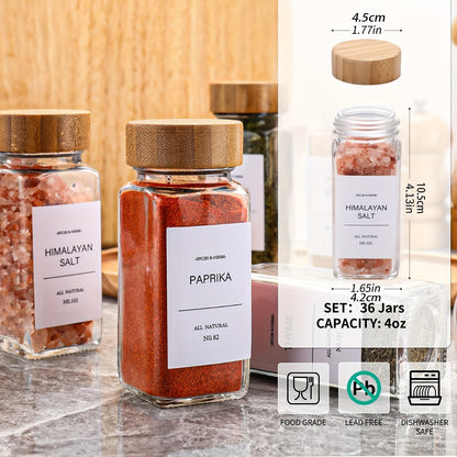 Pots à épices en verre avec couvercles en bambou, étiquettes et entonnoirs pliables – Bouteilles de stockage d'épices de 120 ml pour étagère à épices, garde-manger, placard et tiroir – Ensemble de 15, 24 ou 36 pièces pour l'organisation de la cuisine