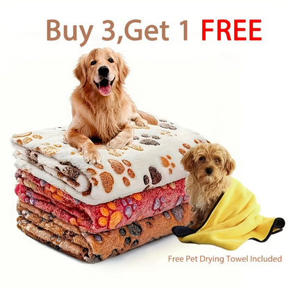 Fleece Pet Blanket 3-Pack for Dogs Cats & Puppies – Super Soft Fluffy Tear-Resistant Flannel Throw, Paw Print Brown Pink White, Machine Washable, Includes Free Pet Drying Towel