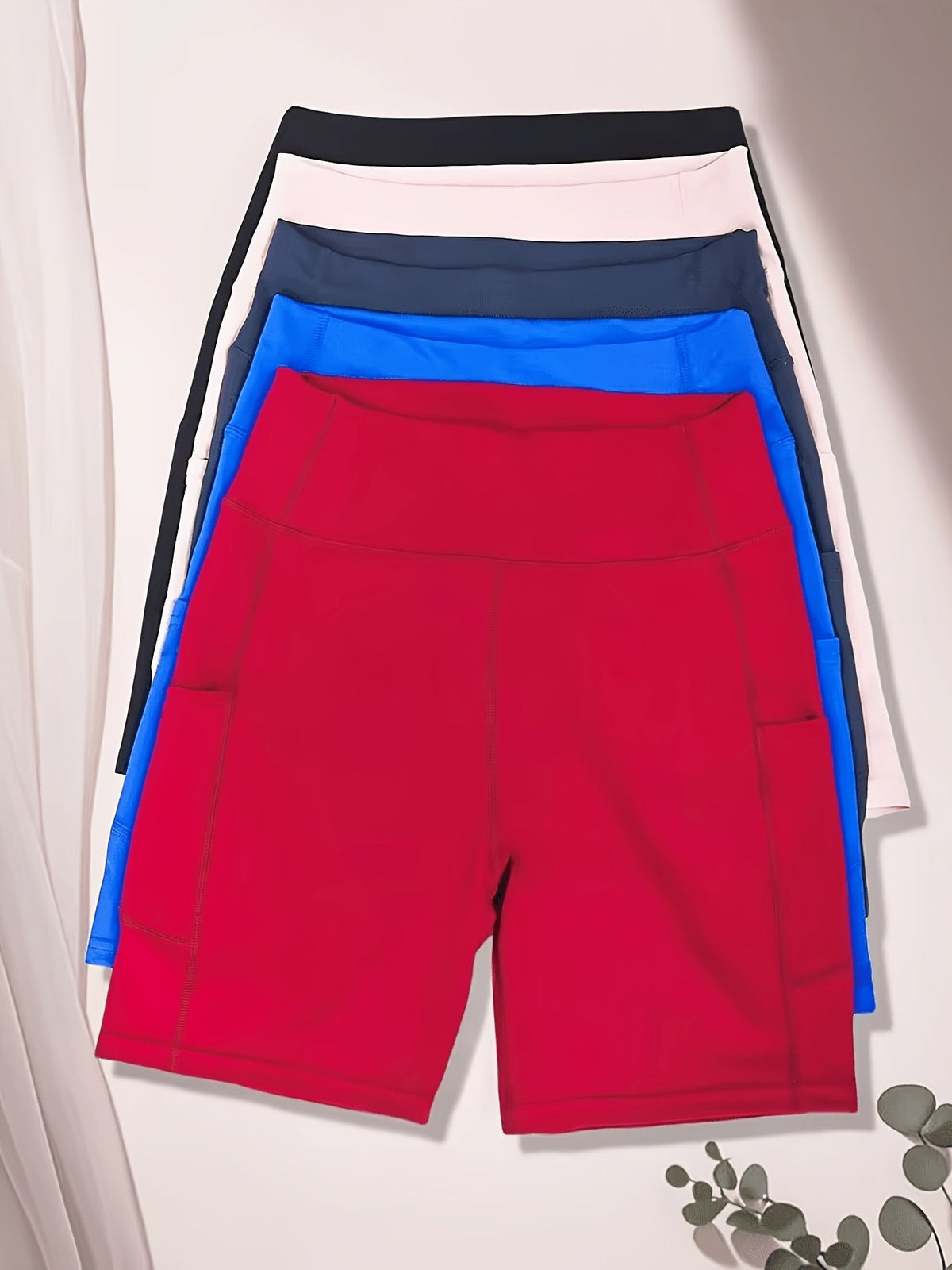 Lot de 5 shorts de cyclisme taille haute pour femme avec poches – Shorts de sport pour yoga, gym et running, tissu polyester extensible, tailles M à XXL, ensemble aux couleurs variées pour femmes actives