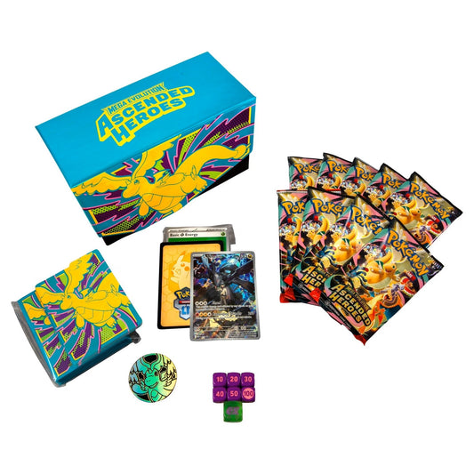 Coffret Dresseur d'élite Pokémon JCC Évolutions méga : Héros élevés – 9 boosters, carte promo brillante Zekrom de N, 65 protège-cartes, cartes Énergie, dés et coffret de collection