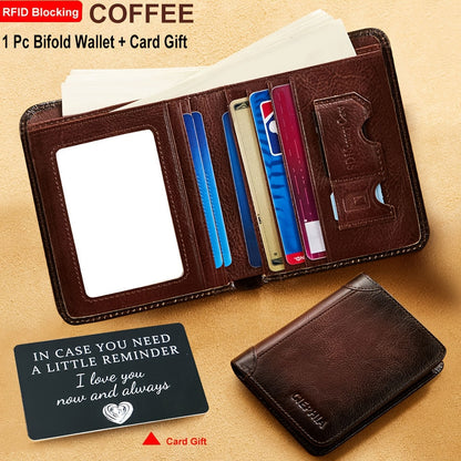 Portefeuille pour homme en cuir véritable avec protection RFID, trois volets, cuir de vachette vintage, porte-cartes de crédit, 2 fenêtres pour carte d'identité, pince à billets, emplacements pour espèces, cadeau de fête des pères pour papa ou mari