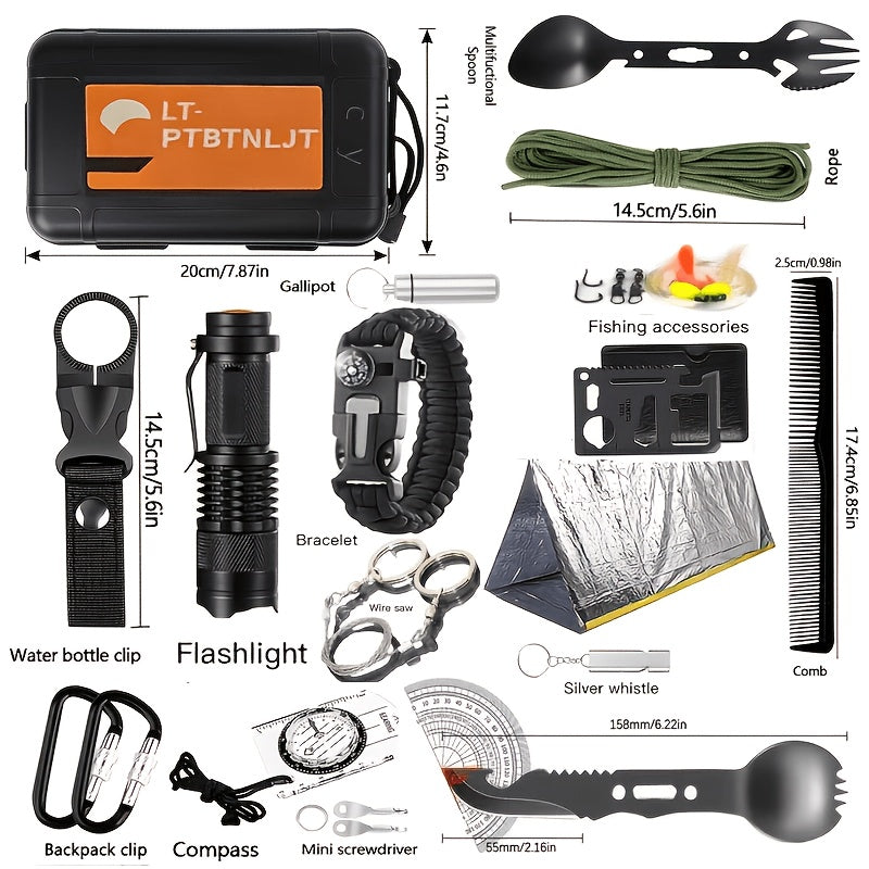Kit de survie pour homme, ensemble d'équipement d'urgence de 12 à 115 pièces avec pierre à feu et multi-outil pour camping, randonnée, chasse, pêche, aventure en plein air, cadeau pour papa ou mari