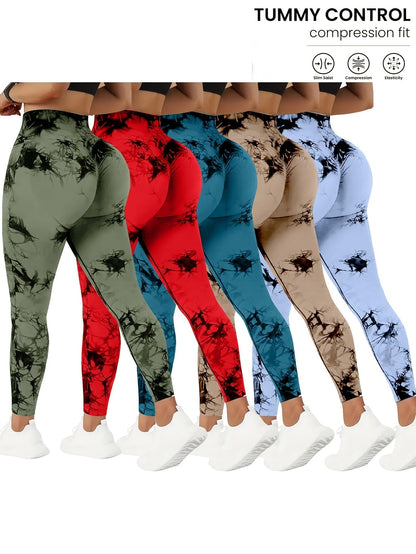 Lot de 5 pantalons de yoga taille haute pour femmes avec contrôle du ventre, leggings de fitness tie-dye extensibles, collants de course à pied, pantalons d'entraînement galbants, vêtements de sport toutes saisons en différentes couleurs