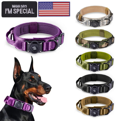 Collier tactique pour chien avec support AirTag et poignée – Nylon PC robuste, réglable M/L/XL pour chiens moyens et grands, collier de dressage de style militaire avec poignée de contrôle