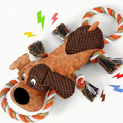 Large Squeaky Plush Dog Toys with Pull Rope & Crinkle Ears for Aggressive Chewers – Interactive Tug of War Chew Toys for Small, Medium & Large Dogs, Bear, Lion & Leopard Designs