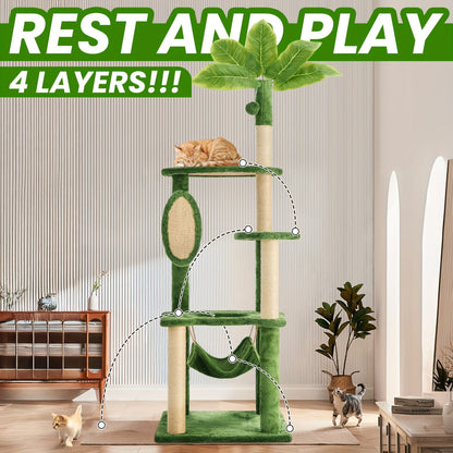 Arbre à chat de 140 cm pour chats d'intérieur avec feuilles vertes – Grande tour à chat multi-niveaux avec hamac, poteaux à griffer en sisal, jouet à suspendre, mobilier pour chat pour salon et chambre