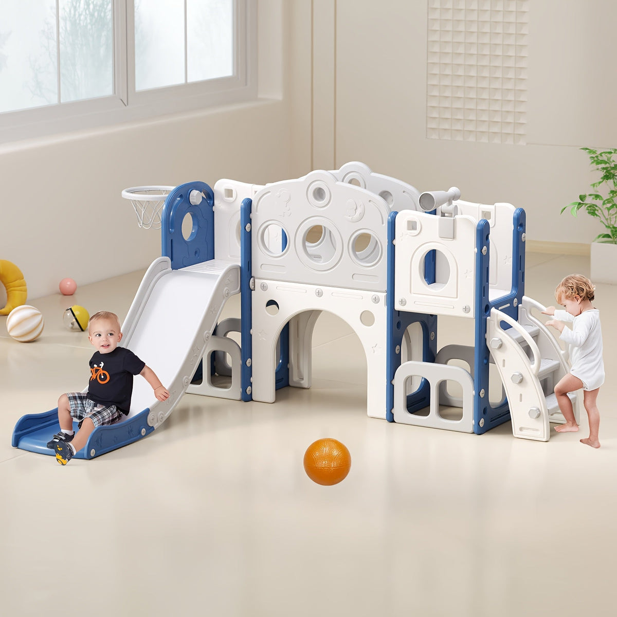 Toboggan pour enfants, aire de jeux intérieure et extérieure avec panier de basket et télescope, équipement de terrain de jeu pour jardin, cadeau d'anniversaire pour filles et garçons, gris, blanc, orange et vert