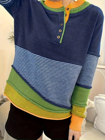 Pull-over rayé à blocs de couleurs style Y2K pour femme, col rond avec boutons | Haut en tricot asymétrique décontracté automne-hiver bleu marine S M L XL XXL