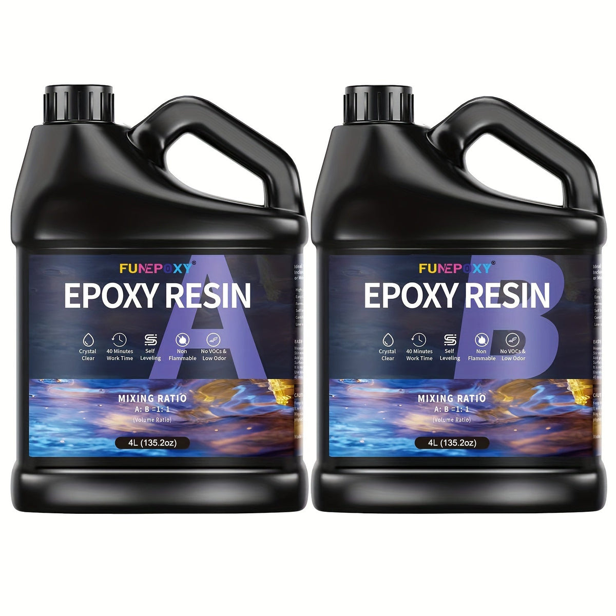 Kit de résine époxy cristalline FUNEPOXY, rapport 1:1, autonivelante, fini ultra-brillant pour dessus de table, comptoirs de bar, tables à bord brut, résine de coulage, création de bijoux, 16oz, 32oz, 64oz, 1 gallon, 2 gallons
