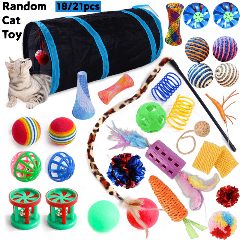Lot de 18 à 21 jouets pour chat – Assortiment varié de jouets pour chaton, couleurs, styles et matériaux aléatoires, balles à plumes interactives et jouets à agacer pour chats d'intérieur, sans pile, coffret cadeau amusant pour les amoureux des chats