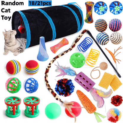 Lot de 18 à 21 jouets pour chat – Assortiment varié de jouets pour chaton, couleurs, styles et matériaux aléatoires, balles à plumes interactives et jouets à agacer pour chats d'intérieur, sans pile, coffret cadeau amusant pour les amoureux des chats